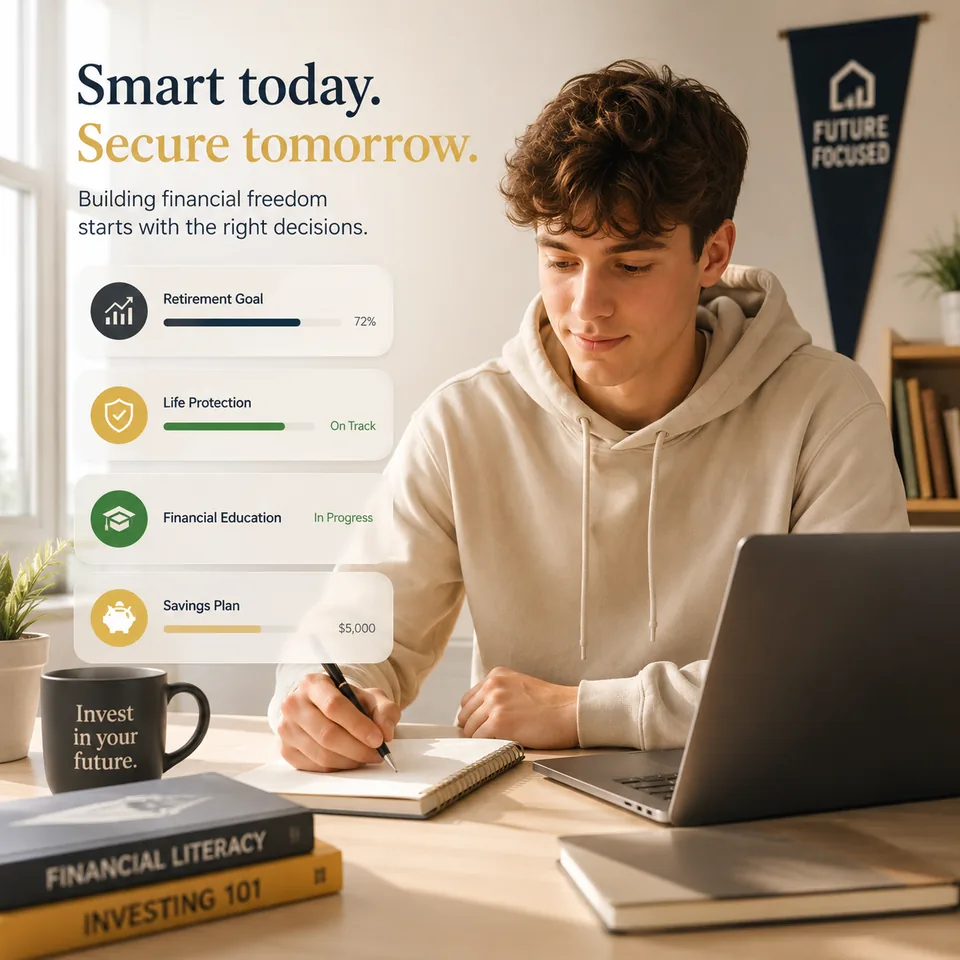A young man at a desk planning his retirement goal, life protection and savings